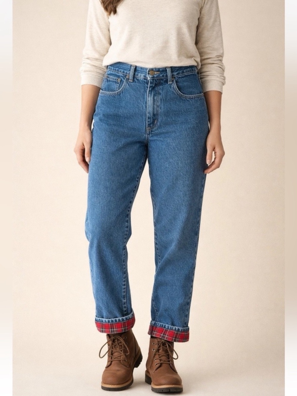 VINTAGE 90s LL BEAN WMNS 16P Thick Red Flannel-Lined Denim Jeans 100% Cotton